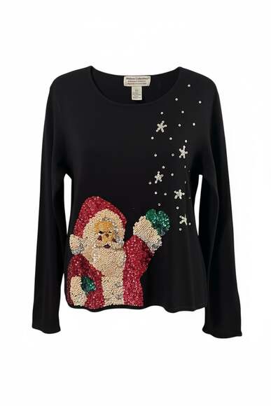 Heirloom Collectibles Black Sequin Santa Christmas Sweater Size Large - Picture 1 of 8